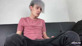 Grey haired young boy masturbating on his couch