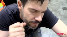 Bearded older guy getting face fucked on his knees