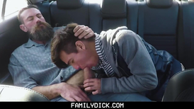 Stepson sucking daddy's big dick in the backseat