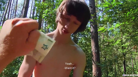 Teen lad sucking a juicy thick penis in the woods