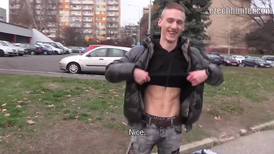 Twink strokes his dick and gives a sloppy blowjob