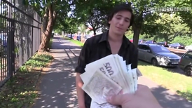 Naughty lad with long hair stroking dick outdoors