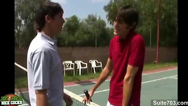 Tennis gay jocks pulverizing outdoors