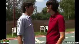 Tennis gay jocks pulverizing outdoors